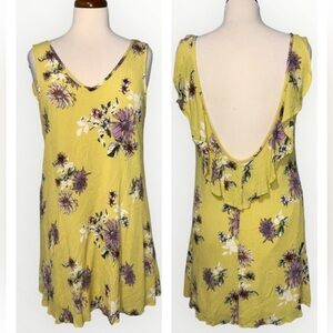Newbury Kustom Yellow Floral Sleeveless Low  Ruffle Back Guazey Mini Dress M